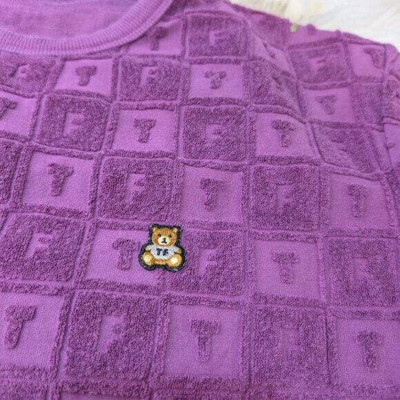 Teddy Fresh Terry Jacquard Men T-Shirt Purple Crew Neck Short Sleeve Men Size S - Picture 4 of 10